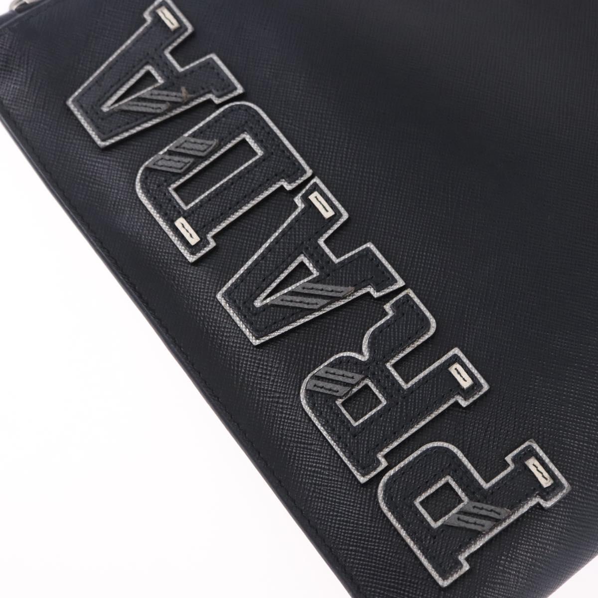 PRADA Clutch Bag Safiano Leather Black Silver Auth mr2853