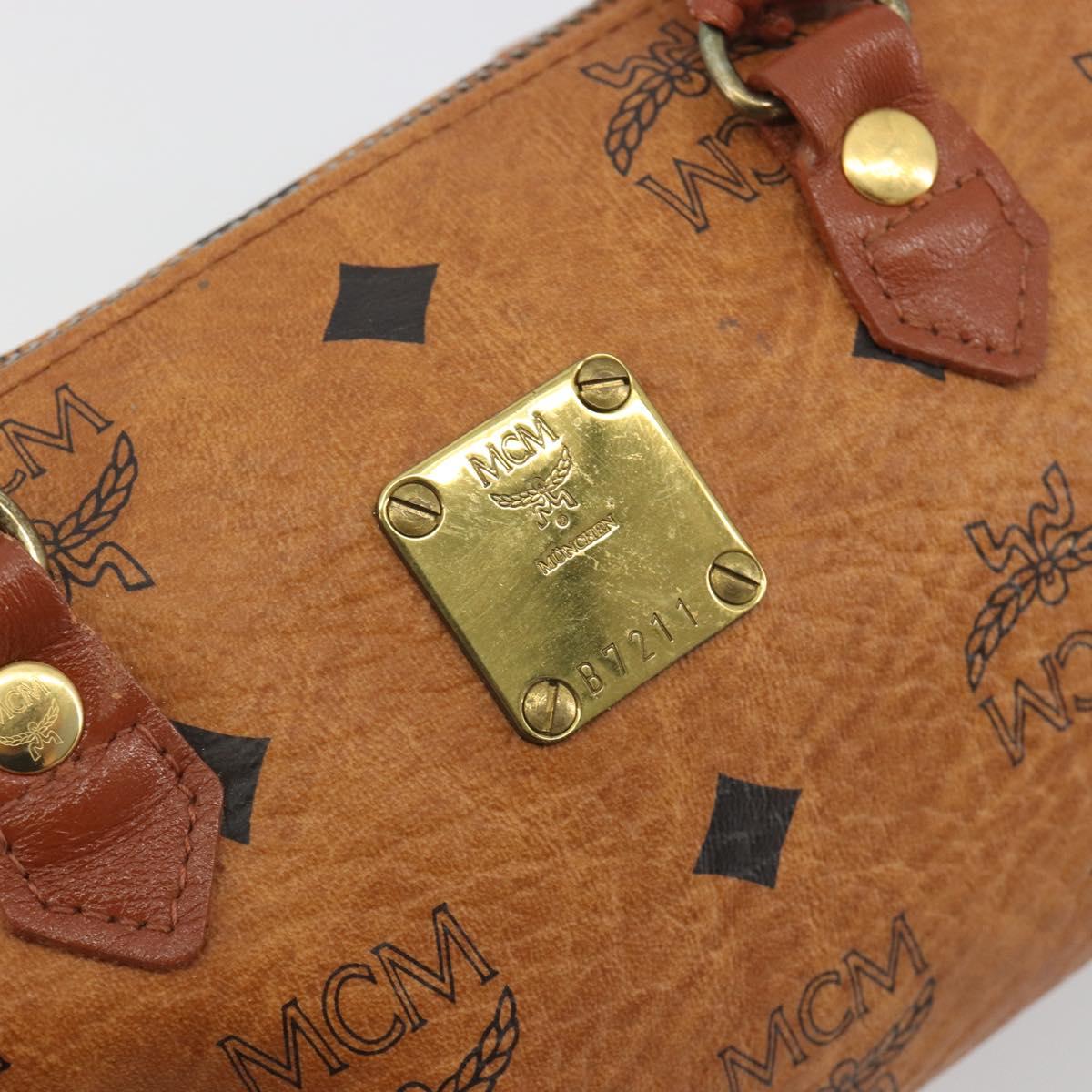 MCM Logogram Vicetos Mini Boston Bag PVC Leather Brown Gold Auth mr2858