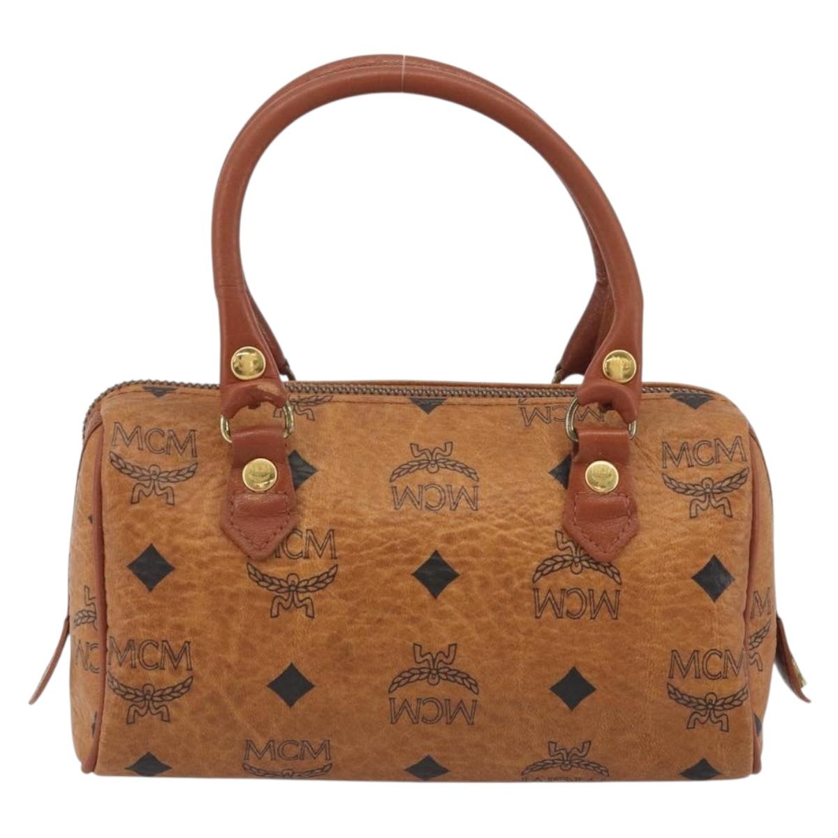 MCM Logogram Vicetos Mini Boston Bag PVC Leather Brown Gold Auth mr2858