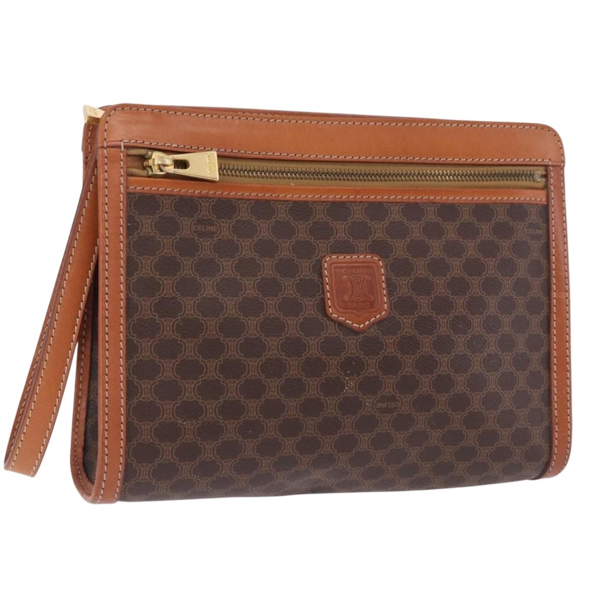 CELINE Macadam Canvas Clutch Bag PVC Leather Brown Gold Auth mr2859