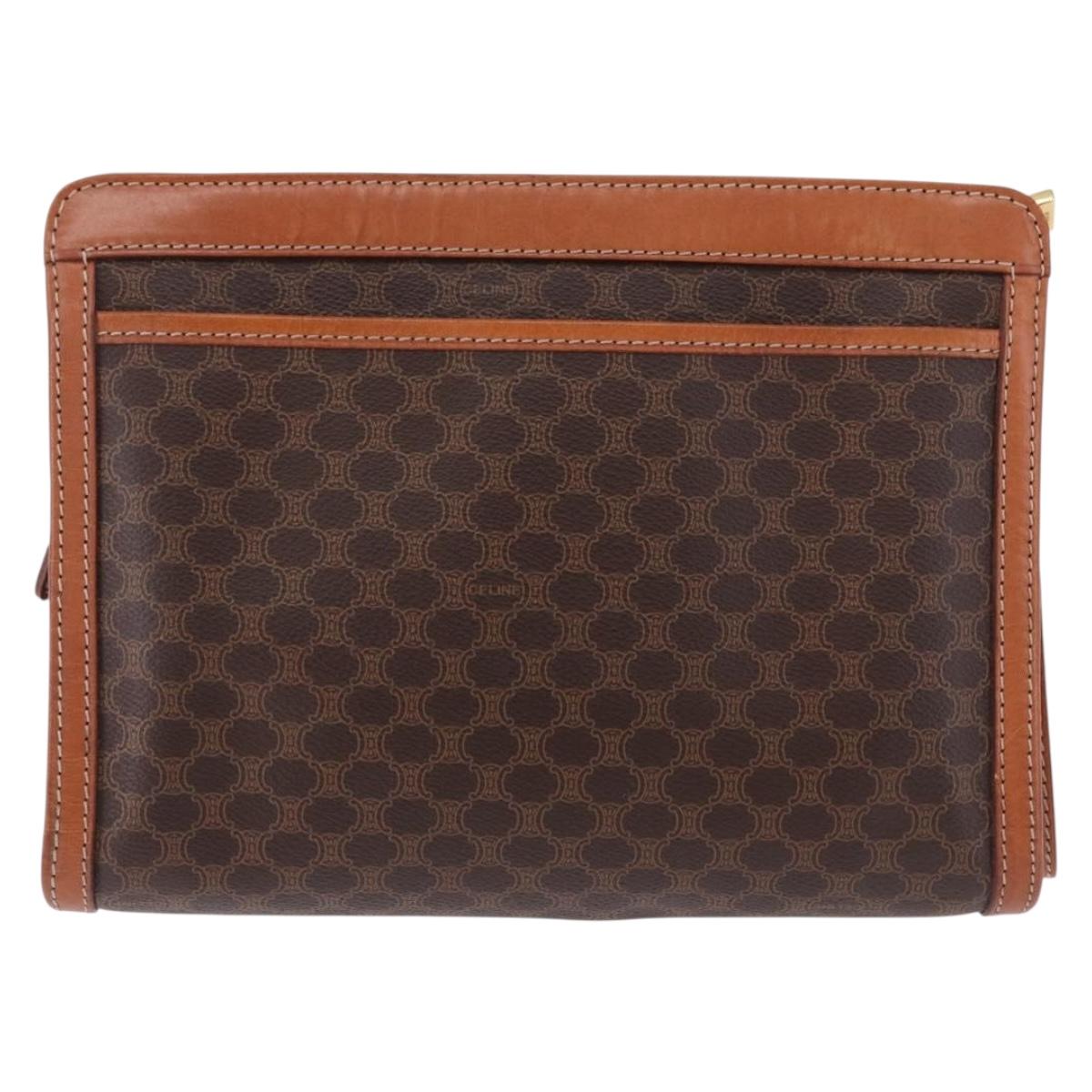 CELINE Macadam Canvas Clutch Bag PVC Leather Brown Gold Auth mr2859