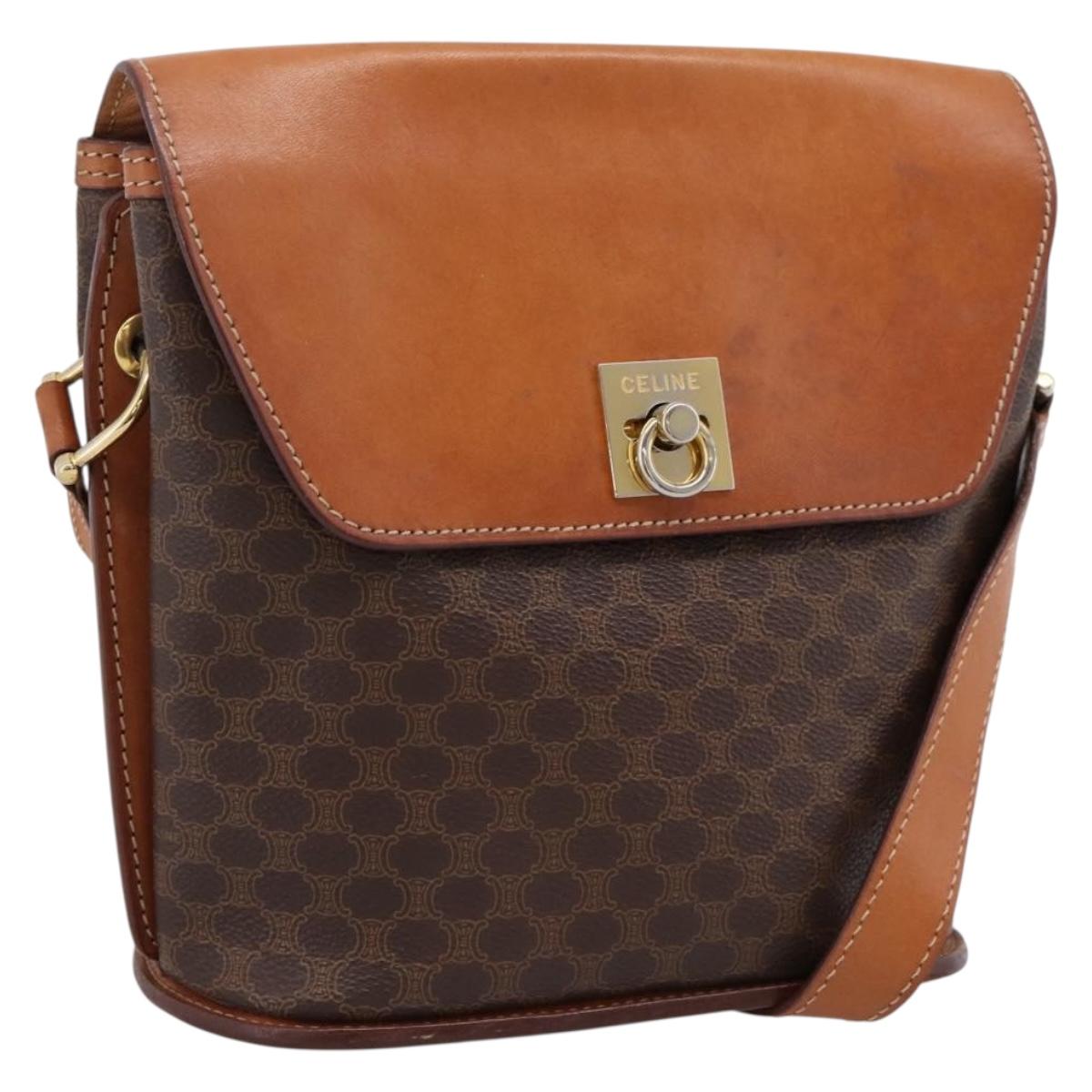 CELINE Macadam Canvas Shoulder Bag PVC Leather Brown Gold Auth mr2861