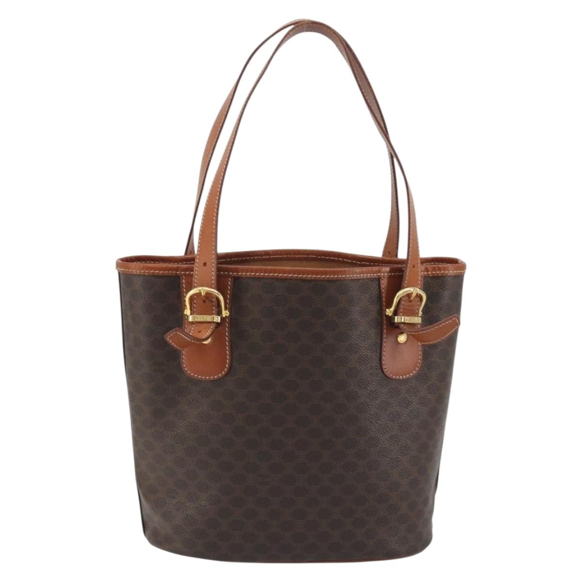 CELINE Macadam Canvas Tote Bag PVC Leather Brown Gold Auth mr2863