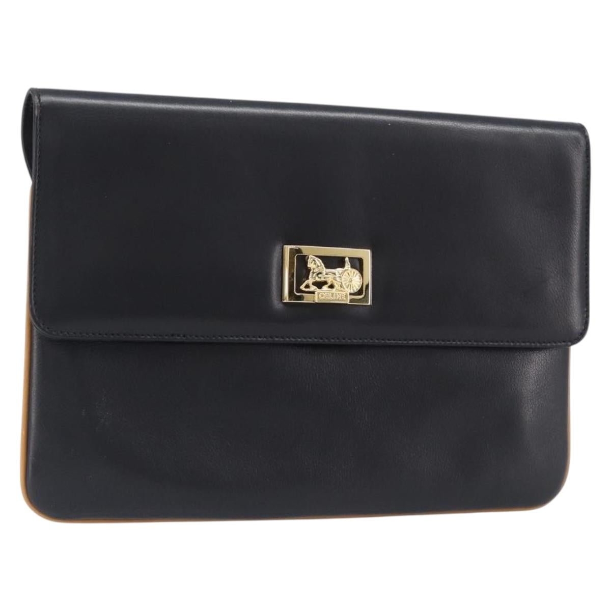 CELINE Clutch Bag Leather Black Gold Auth mr2864A