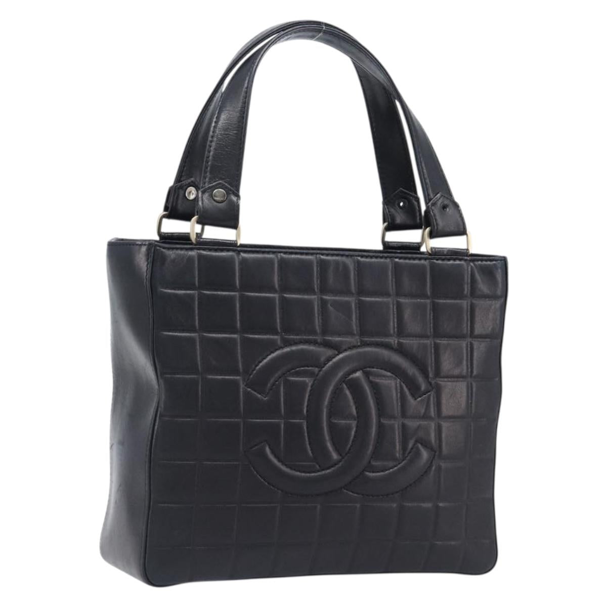 CHANEL Choco Bar Line Hand Bag Leather Black Gold CC Auth mr2875