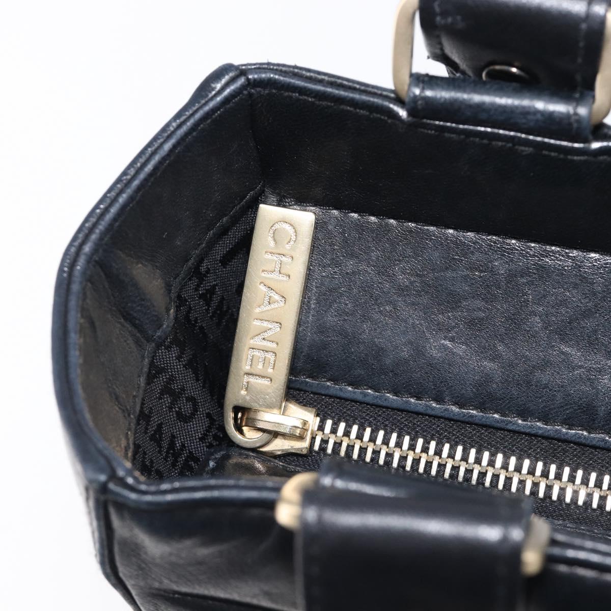 CHANEL Choco Bar Line Hand Bag Leather Black Gold CC Auth mr2875