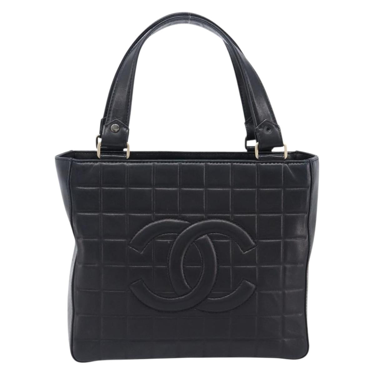 CHANEL Choco Bar Line Hand Bag Leather Black Gold CC Auth mr2875