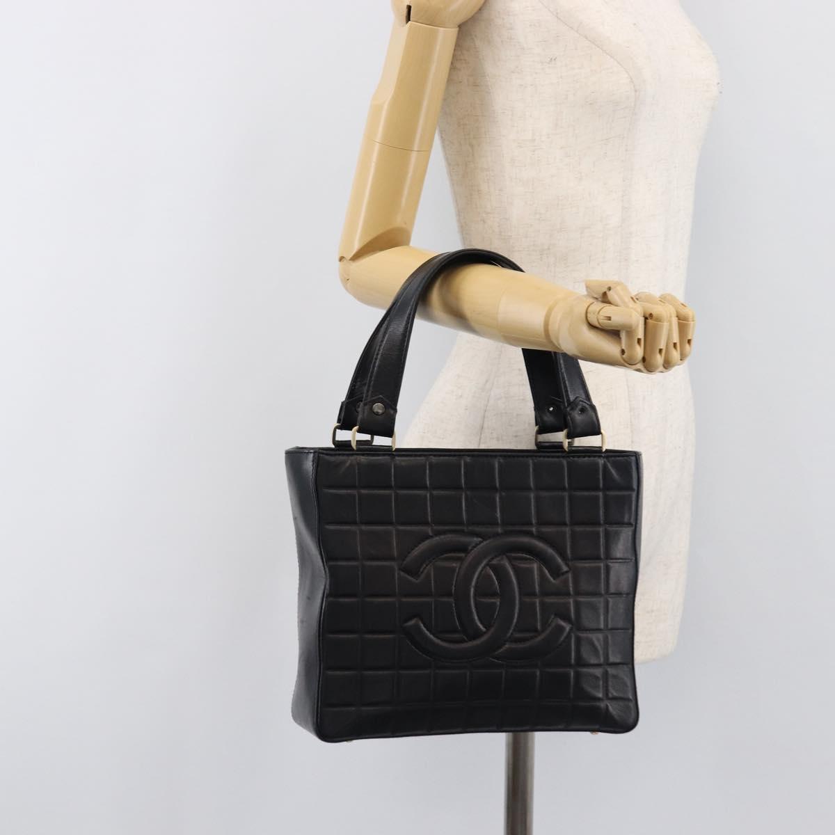 CHANEL Choco Bar Line Hand Bag Leather Black Gold CC Auth mr2875