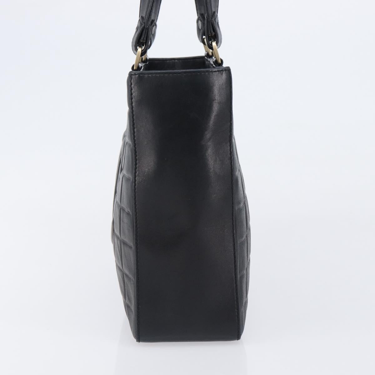 CHANEL Choco Bar Line Hand Bag Leather Black Gold CC Auth mr2875