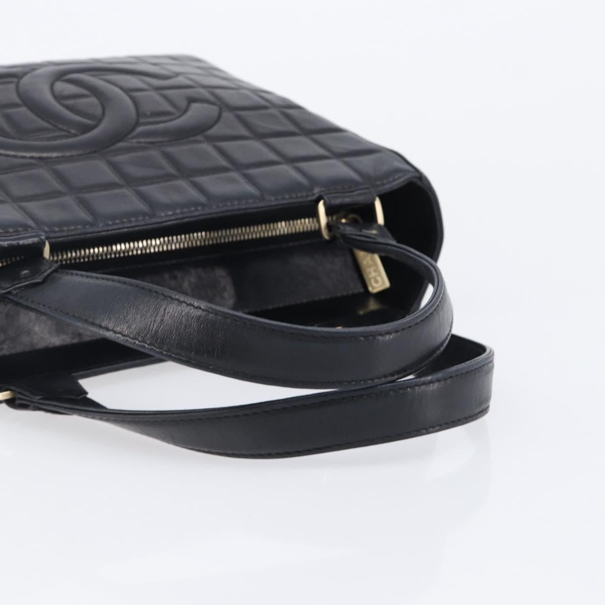 CHANEL Choco Bar Line Hand Bag Leather Black Gold CC Auth mr2875