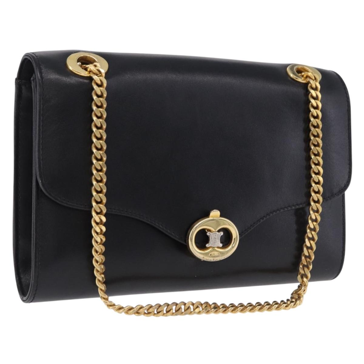 CELINE Chain Shoulder Bag Leather Black Gold Auth mr2876A