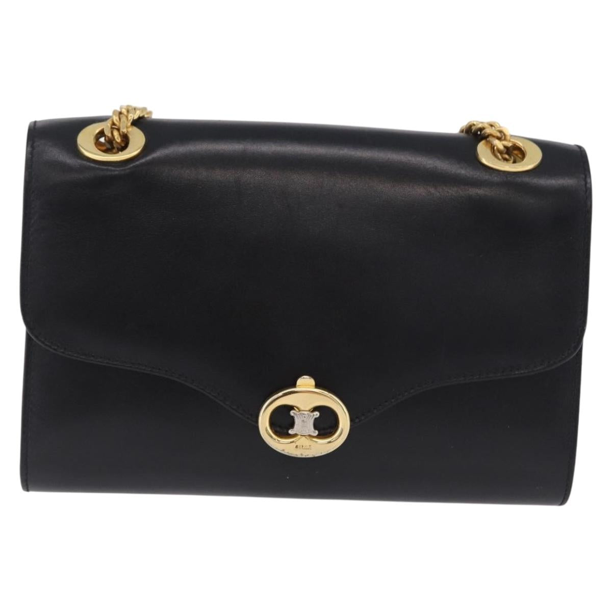 CELINE Chain Shoulder Bag Leather Black Gold Auth mr2876A
