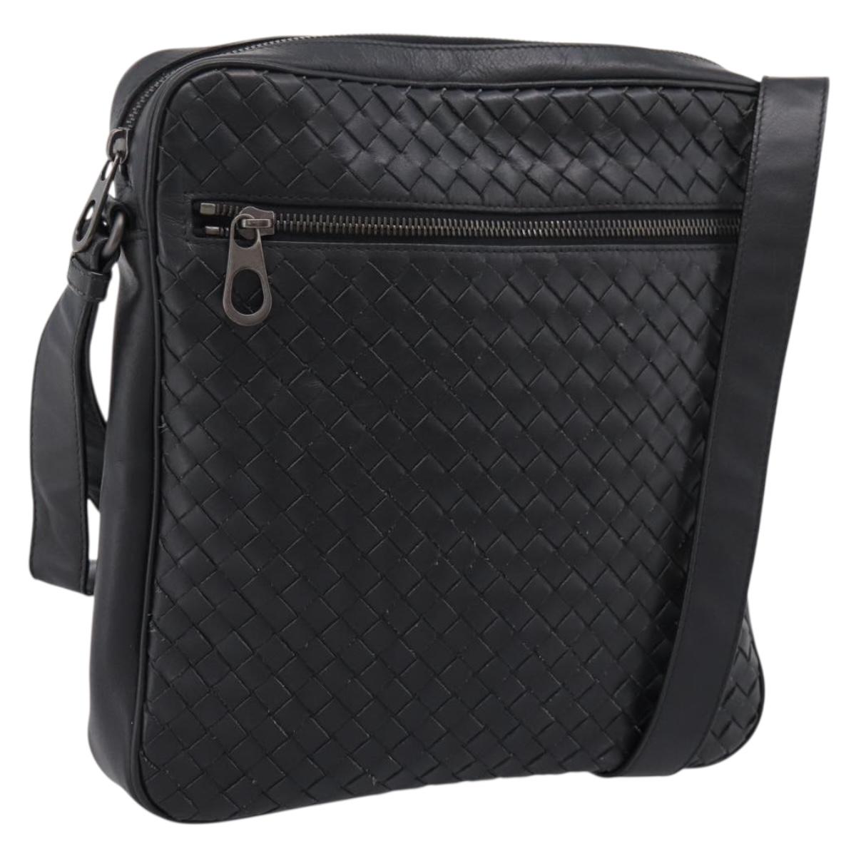 BOTTEGA VENETA INTRECCIATO Shoulder Bag Leather Black Silver Auth mr2878V