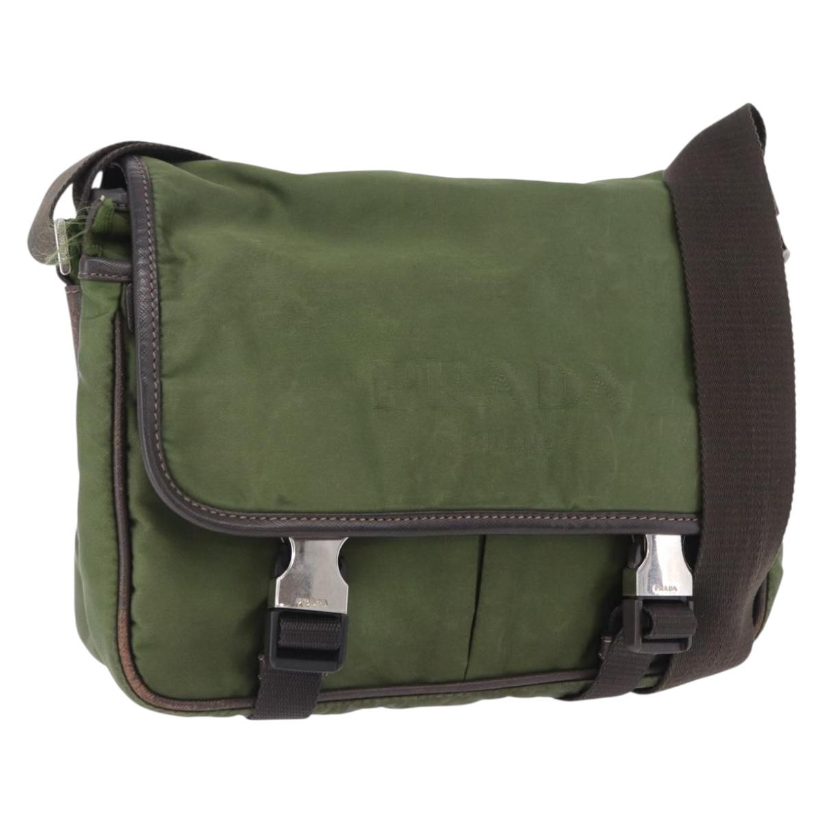 PRADA Shoulder Bag Nylon Khaki Silver Auth mr2884