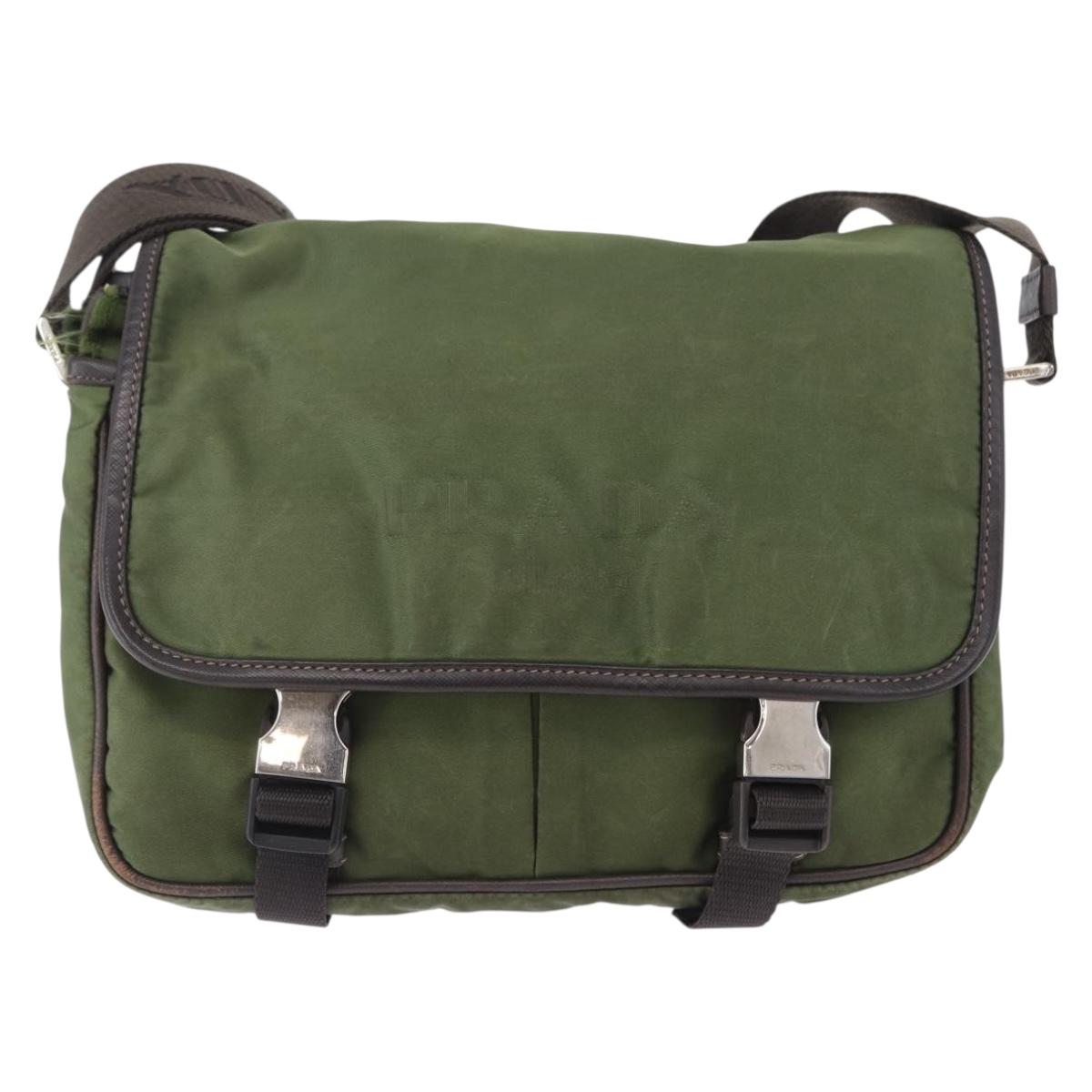 PRADA Shoulder Bag Nylon Khaki Silver Auth mr2884