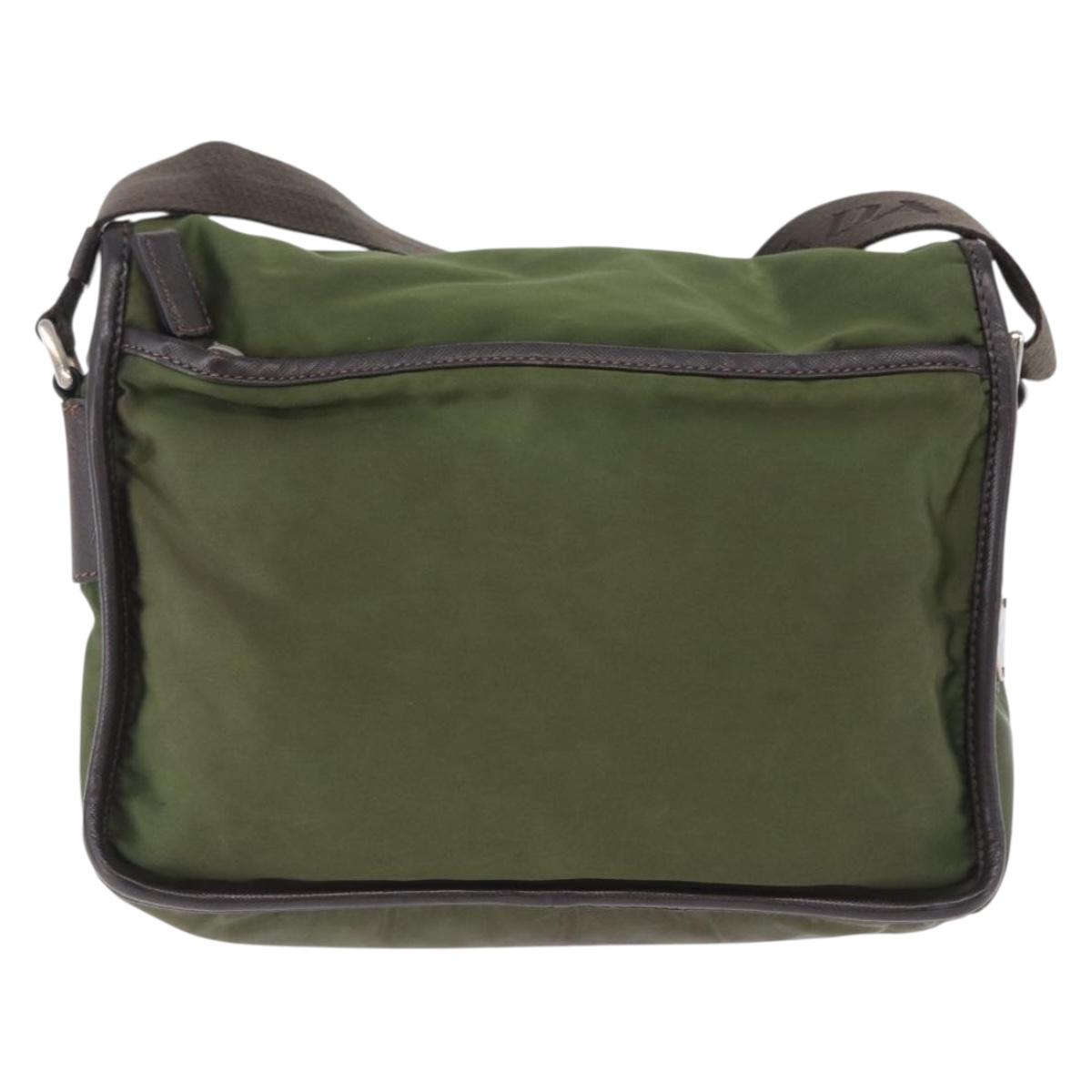 PRADA Shoulder Bag Nylon Khaki Silver Auth mr2884