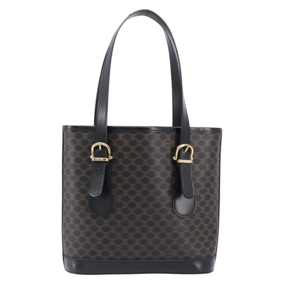 CELINE Macadam Canvas Hand Bag PVC Leather Black Gold Auth mr2888A
