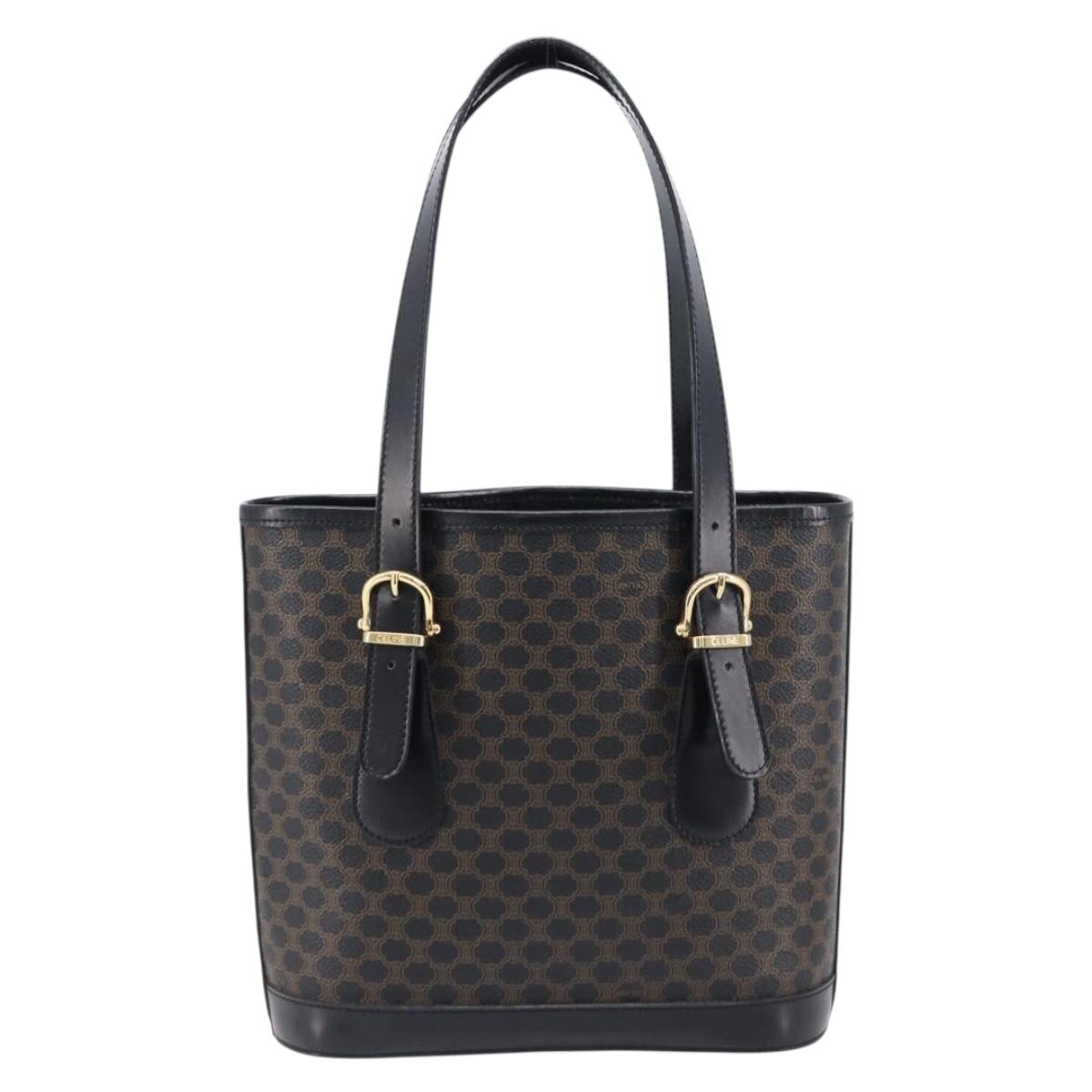 CELINE Macadam Canvas Hand Bag PVC Leather Black Gold Auth mr2888A