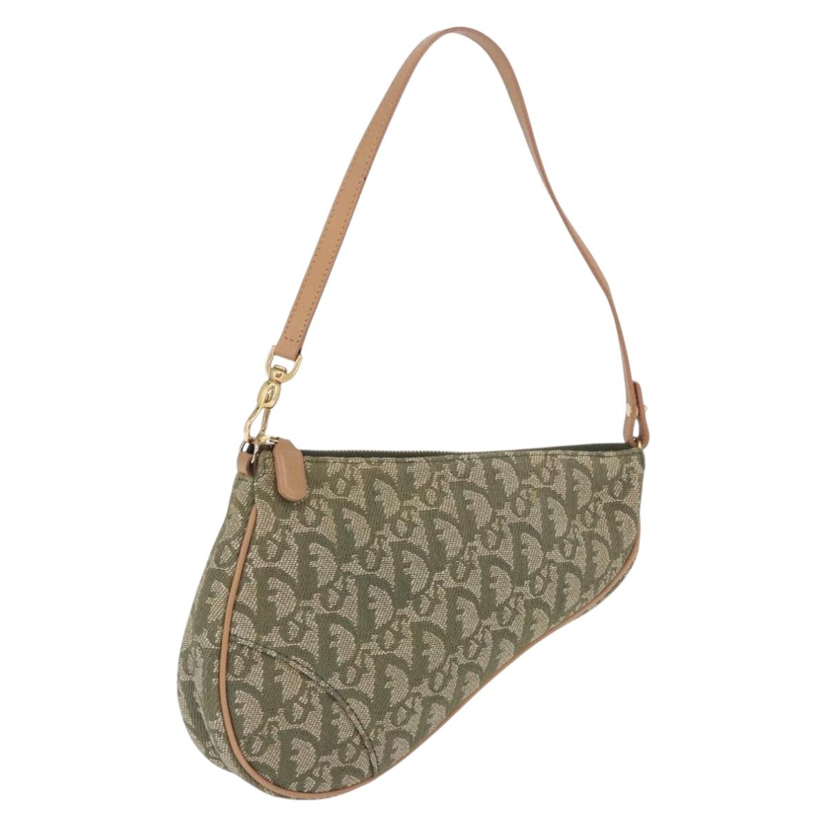 Christian Dior Trotter Canvas Saddle Pouch Hand Bag Khaki Gold Auth mr2899V
