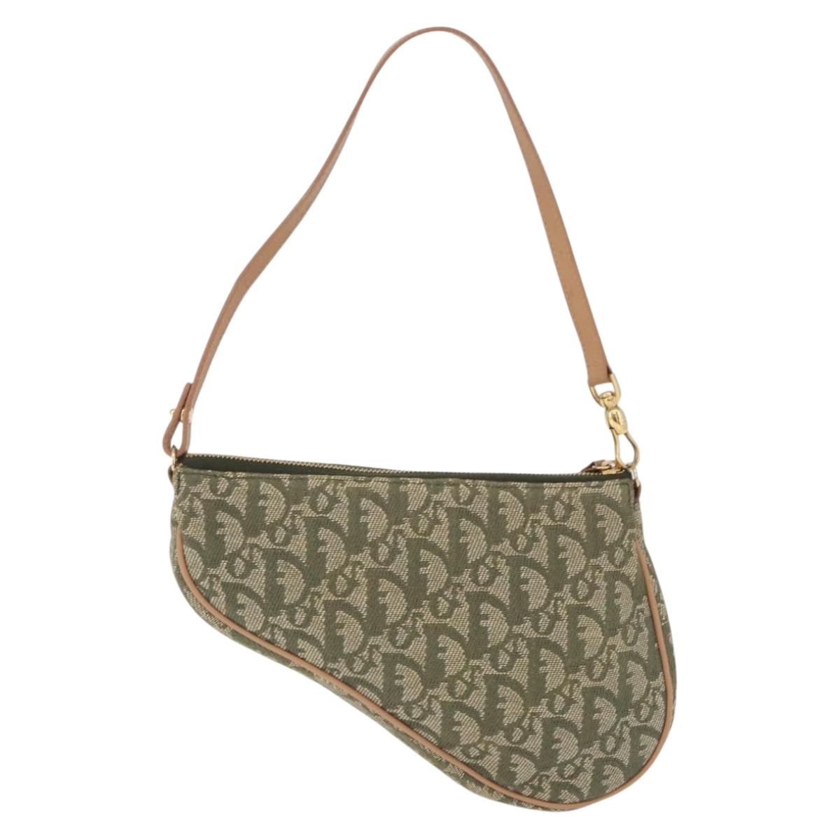 Christian Dior Trotter Canvas Saddle Pouch Hand Bag Khaki Gold Auth mr2899V