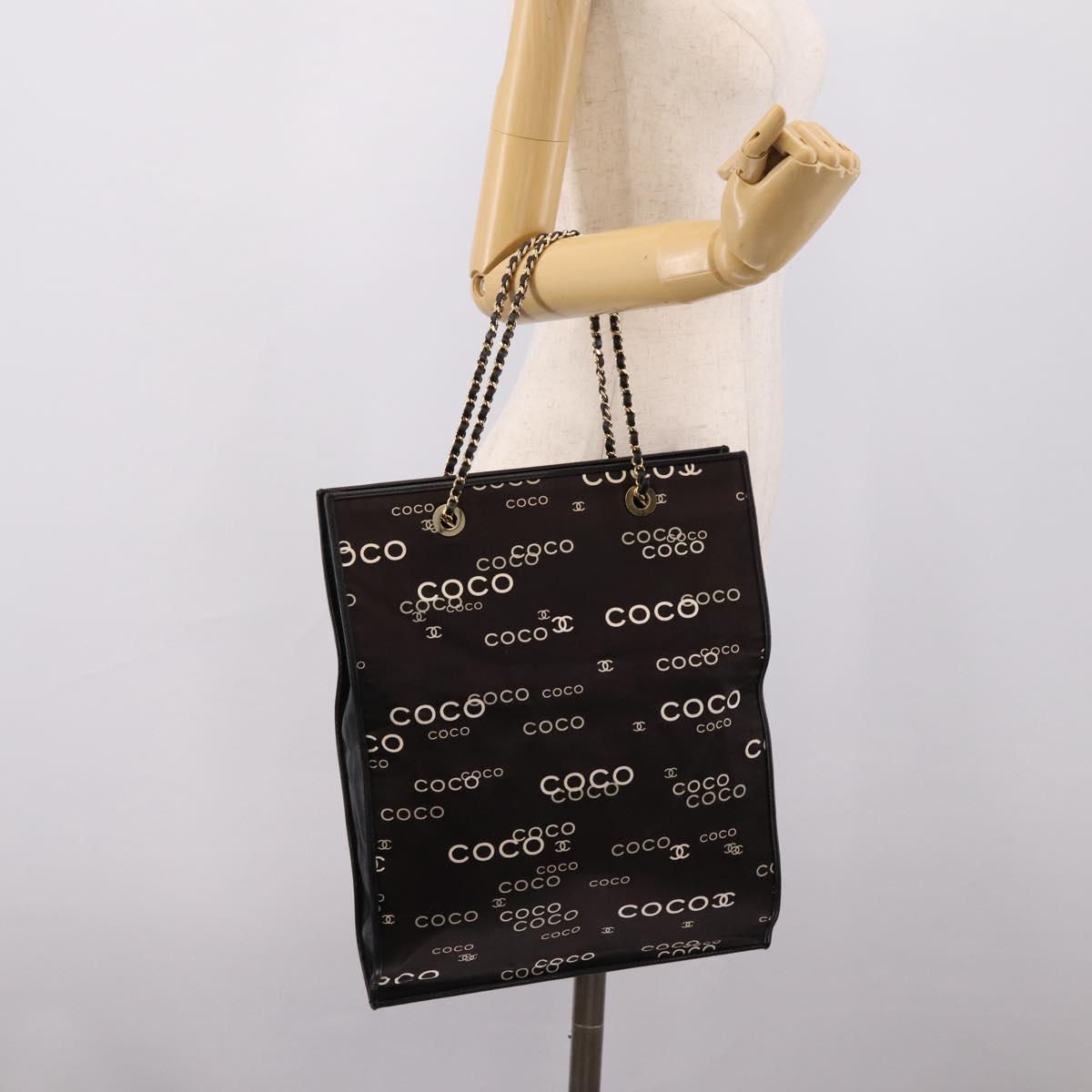 CHANEL Chain Hand Bag Canvas Black Gold Tone CC Auth mr2921A