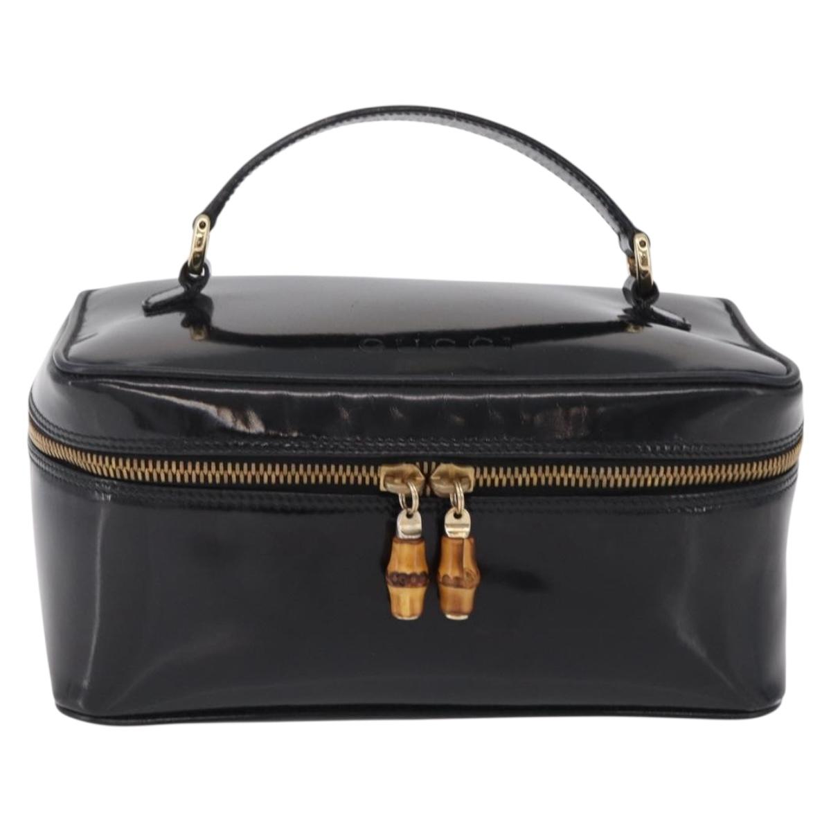 GUCCI Bamboo Vanity bag Cosmetic Pouch Patent Black 032 200159 0150 Auth mr2924