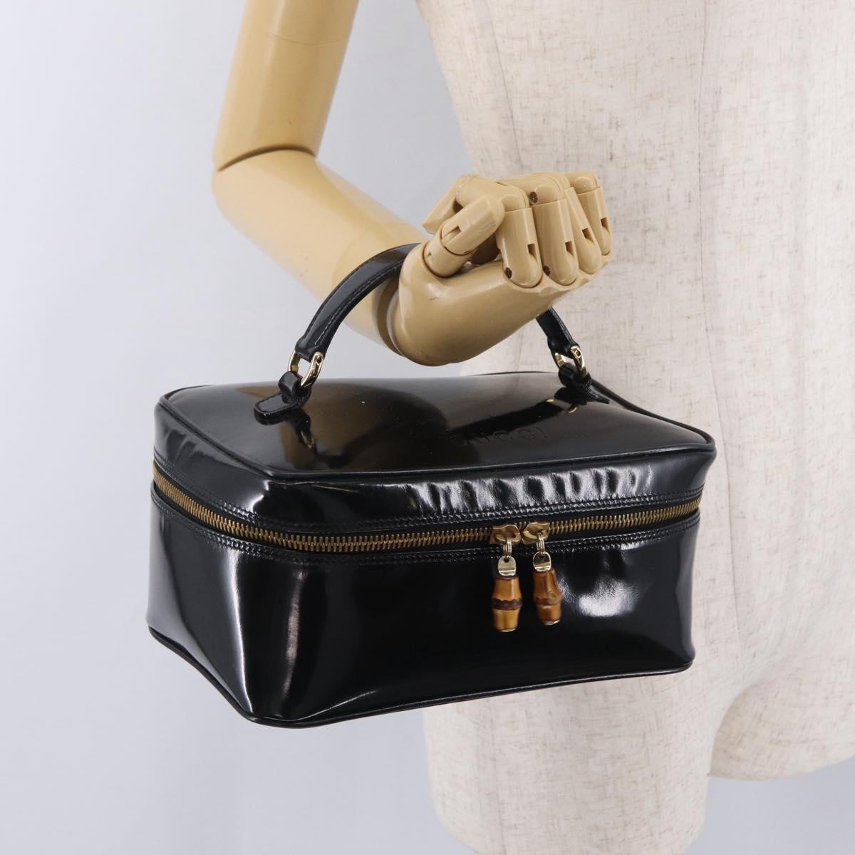 GUCCI Bamboo Vanity bag Cosmetic Pouch Patent Black 032 200159 0150 Auth mr2924