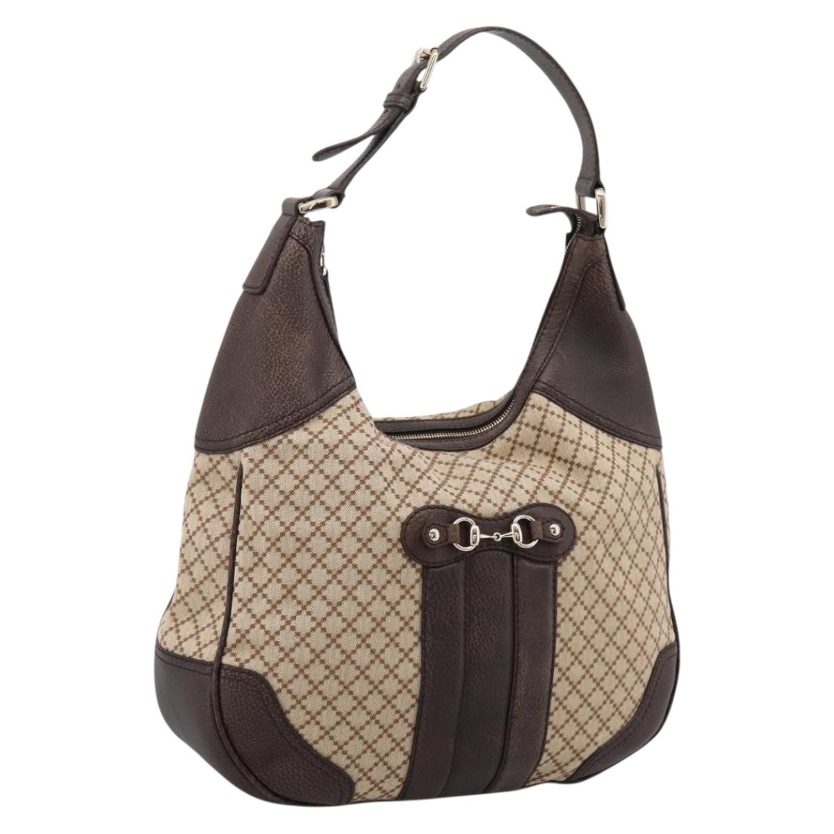 GUCCI Diamante Horsebit Shoulder Bag Canvas Beige Gold Tone Auth mr2925V