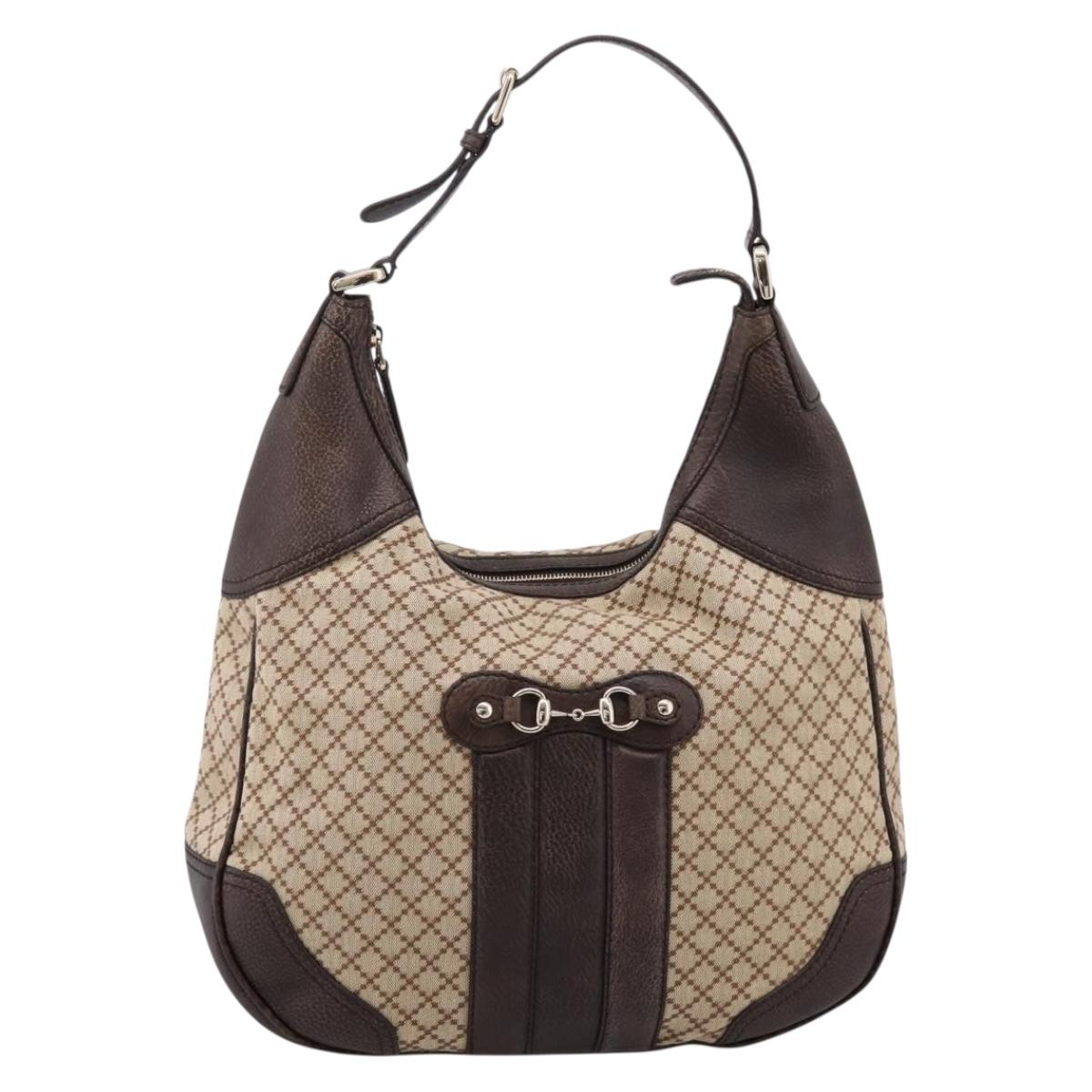 GUCCI Diamante Horsebit Shoulder Bag Canvas Beige Gold Tone Auth mr2925V