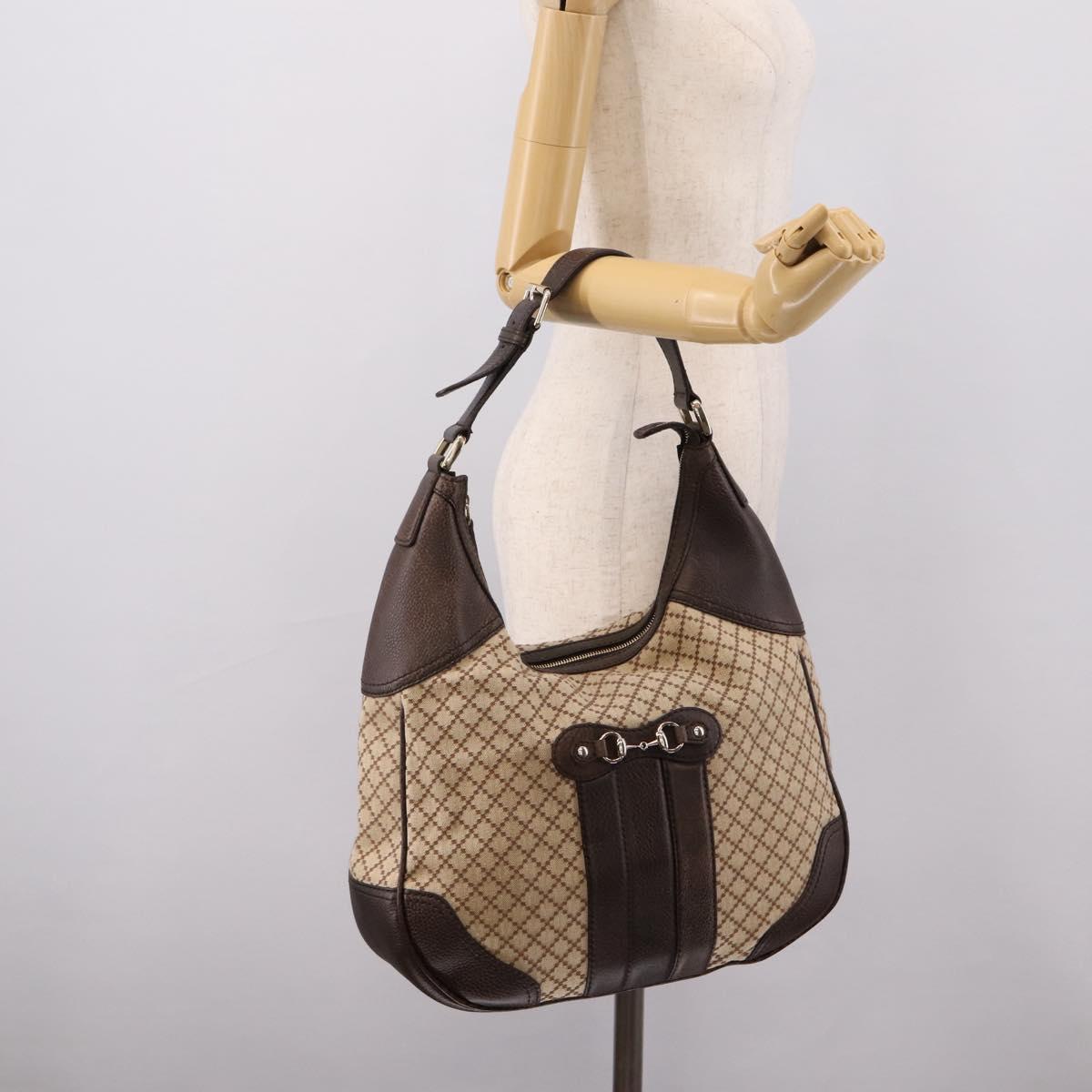 GUCCI Diamante Horsebit Shoulder Bag Canvas Beige Gold Tone Auth mr2925V