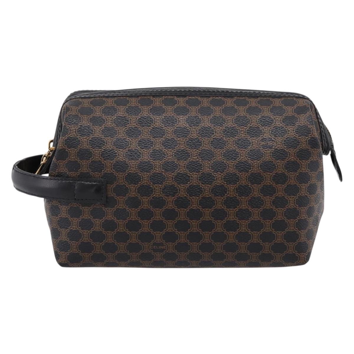 CELINE Macadam Canvas Clutch Bag PVC Black Gold Tone Auth mr2928A