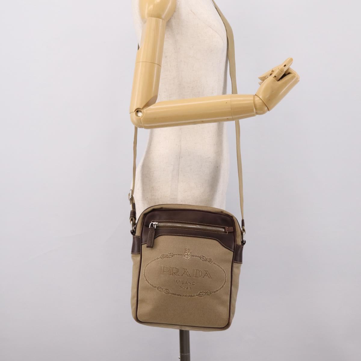 PRADA Shoulder Bag Canvas Brown Silver Auth mr2938