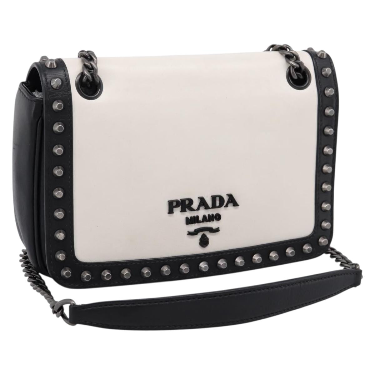 PRADA Chain Shoulder Bag Leather White Black Auth mr2939A