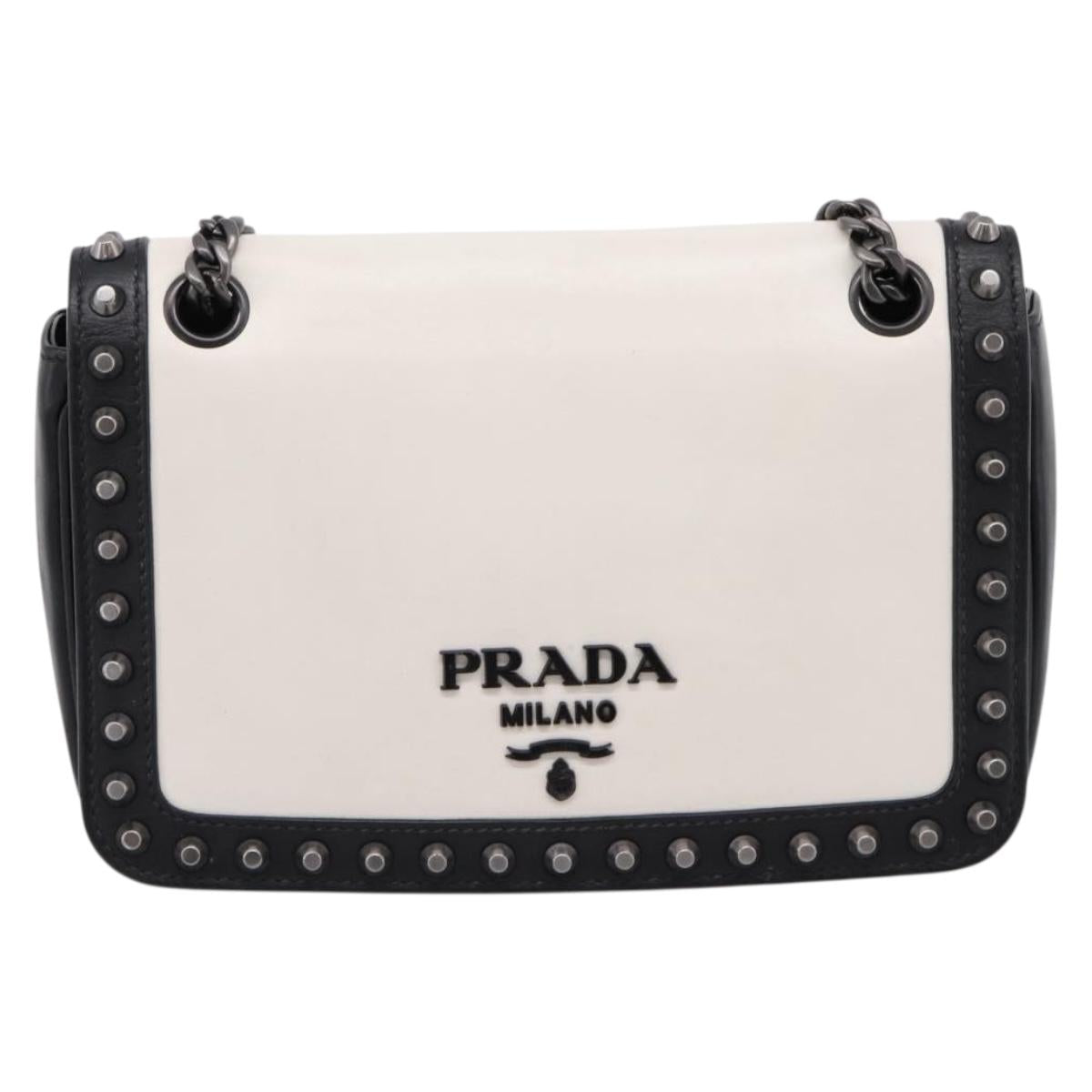 PRADA Chain Shoulder Bag Leather White Black Auth mr2939A