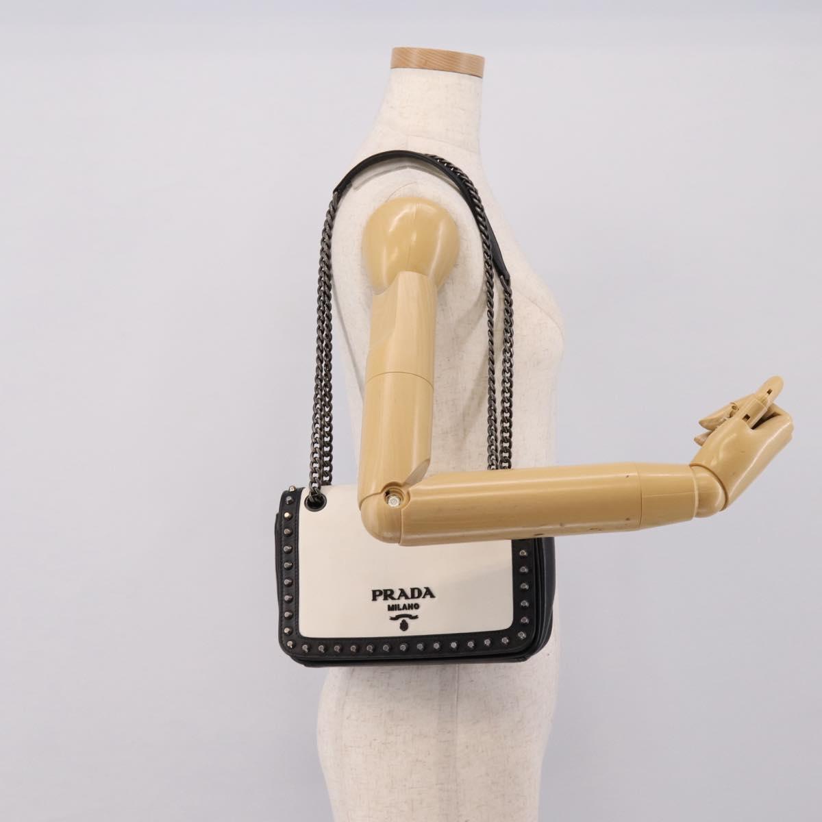PRADA Chain Shoulder Bag Leather White Black Auth mr2939A