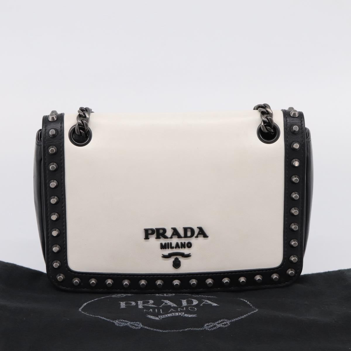 PRADA Chain Shoulder Bag Leather White Black Auth mr2939A