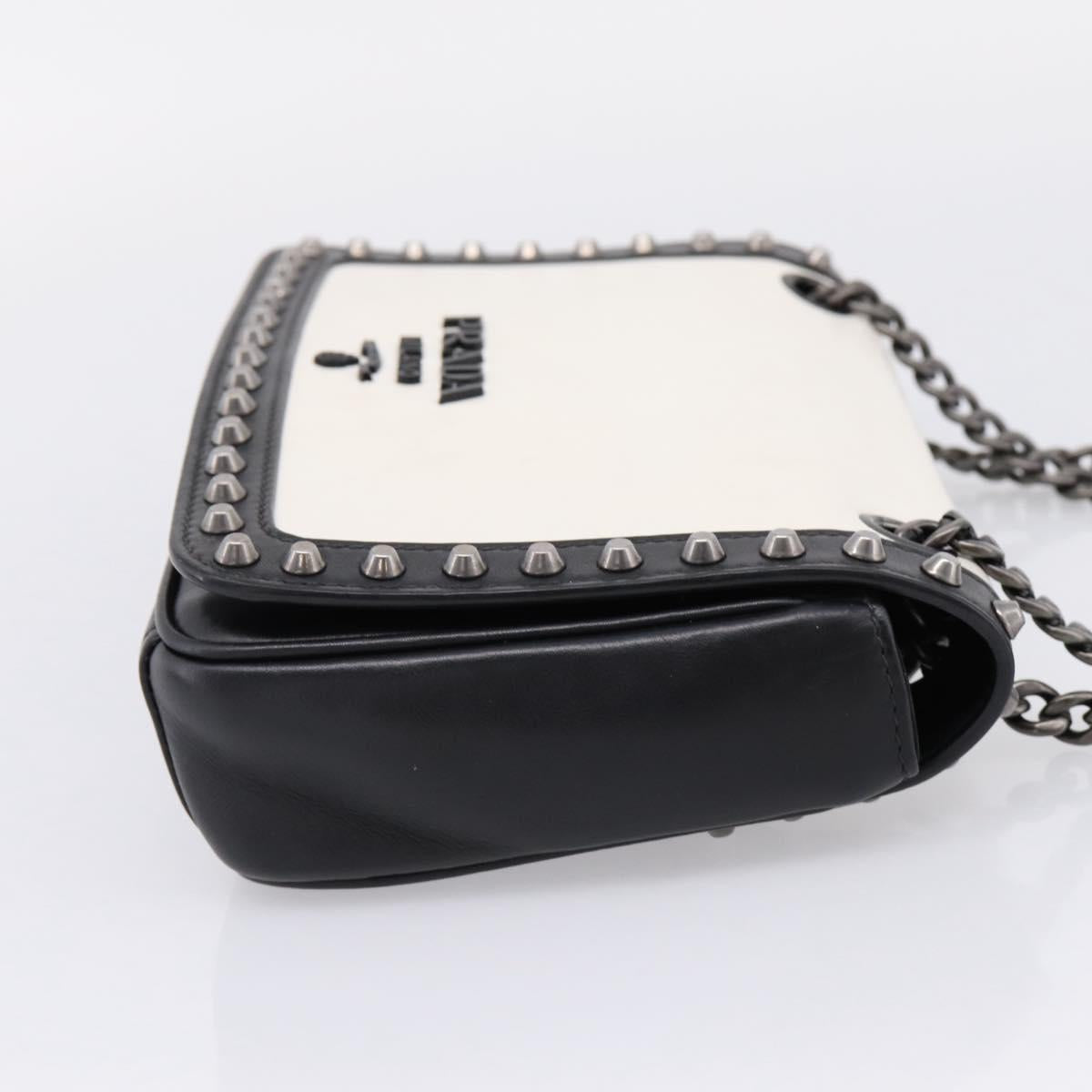PRADA Chain Shoulder Bag Leather White Black Auth mr2939A