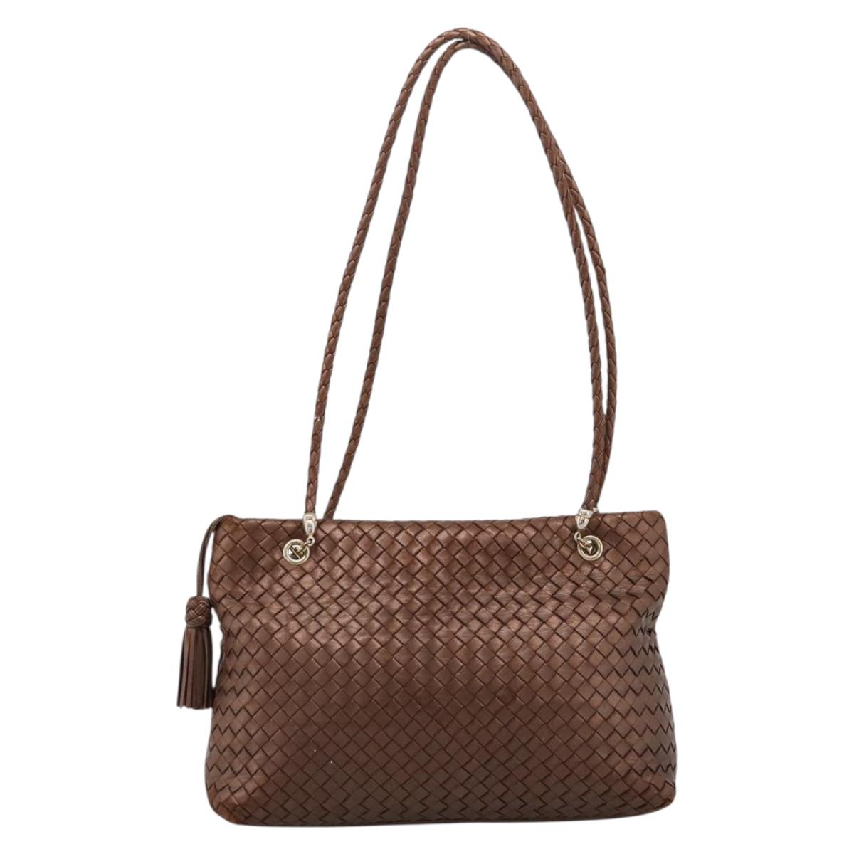 Bottega Veneta INTRECCIATO Shoulder Bag Leather Brown Gold Tone Auth mr2943A