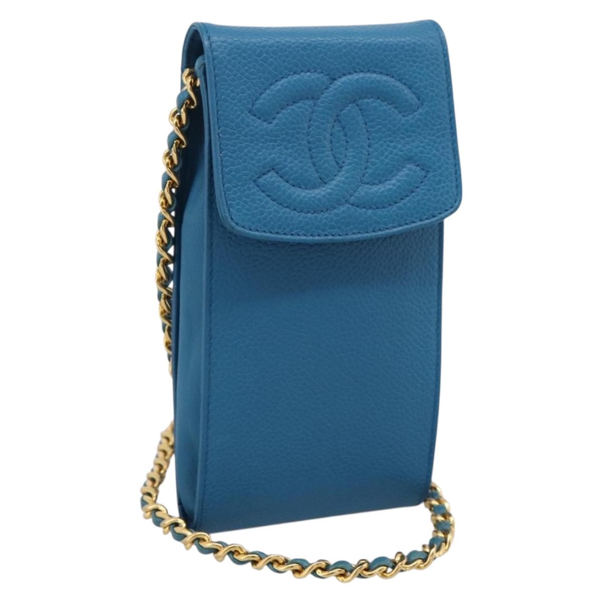 CHANEL Chain Shoulder Bag Caviar Skin Blue Gold Tone CC Auth mr2946V