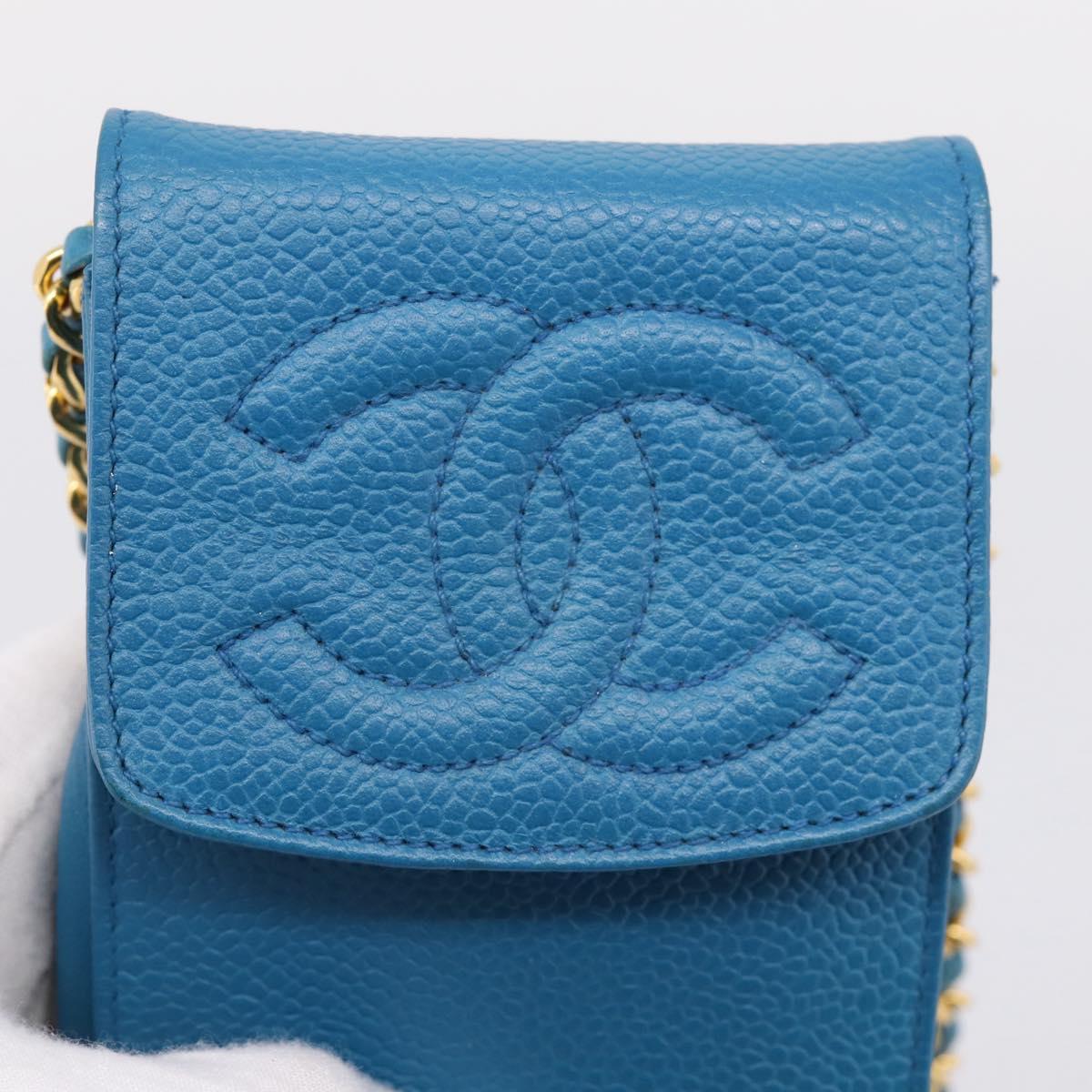 CHANEL Chain Shoulder Bag Caviar Skin Blue Gold Tone CC Auth mr2946V