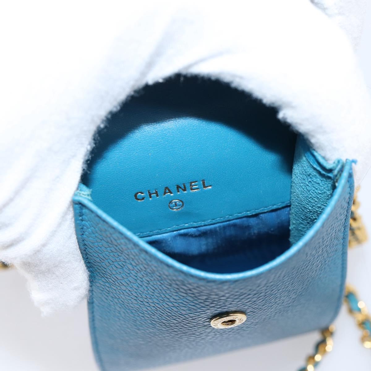 CHANEL Chain Shoulder Bag Caviar Skin Blue Gold Tone CC Auth mr2946V