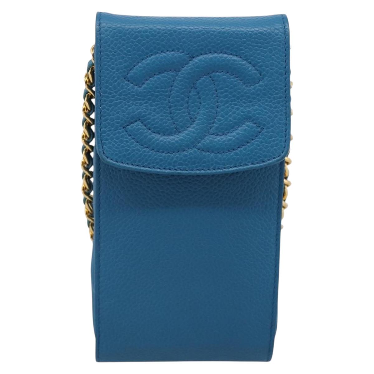 CHANEL Chain Shoulder Bag Caviar Skin Blue Gold Tone CC Auth mr2946V