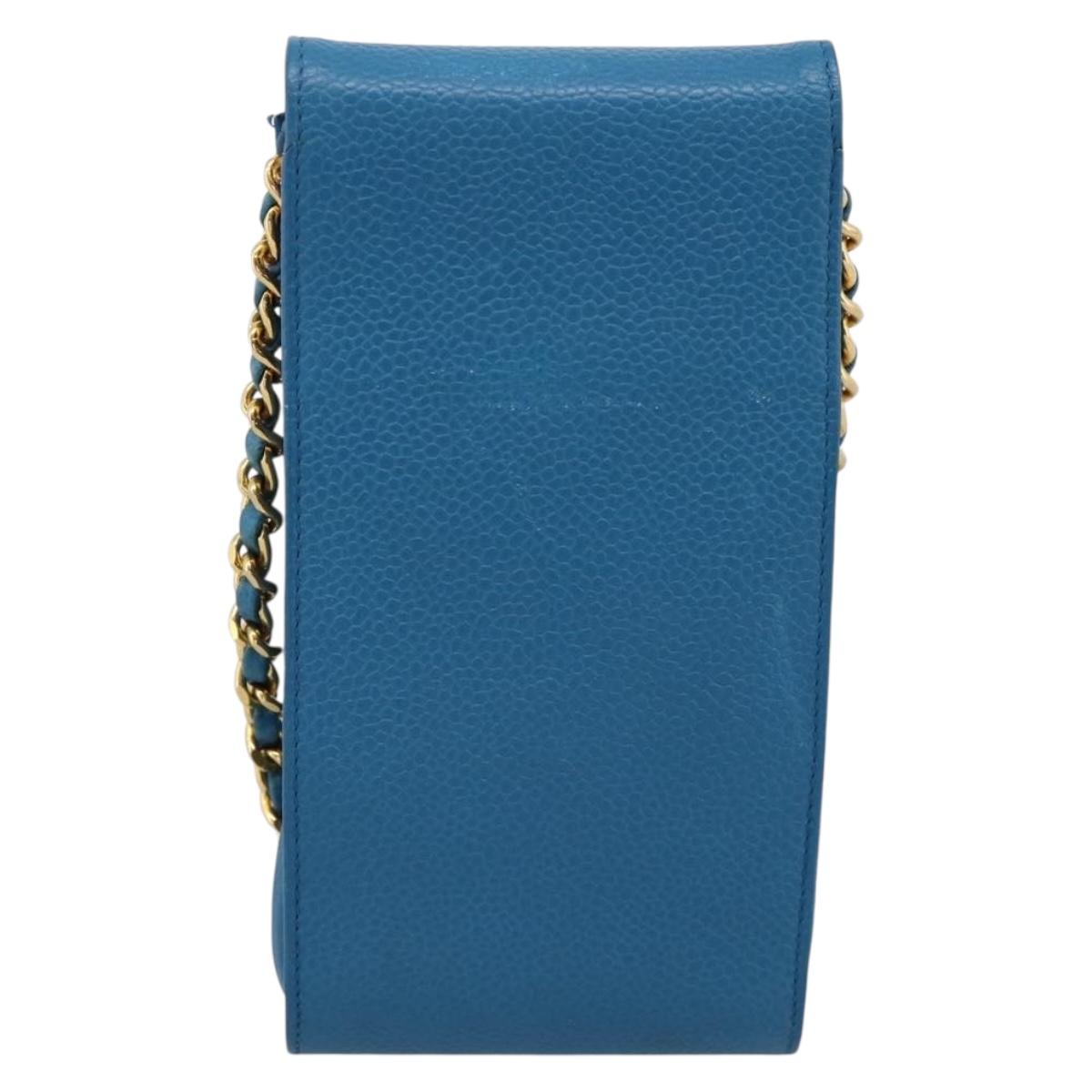 CHANEL Chain Shoulder Bag Caviar Skin Blue Gold Tone CC Auth mr2946V