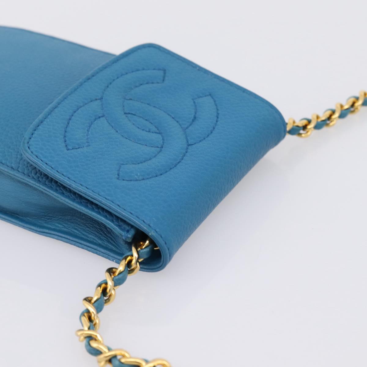 CHANEL Chain Shoulder Bag Caviar Skin Blue Gold Tone CC Auth mr2946V