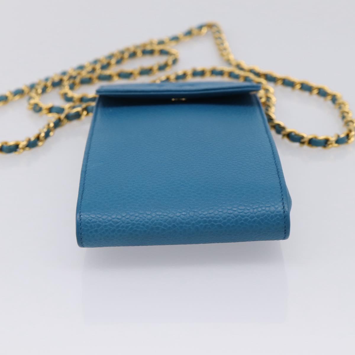 CHANEL Chain Shoulder Bag Caviar Skin Blue Gold Tone CC Auth mr2946V