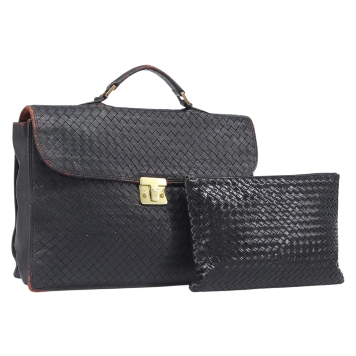 Bottega Veneta INTRECCIATO Business Clutch Bag Leather 2 Set Black Auth mr2949