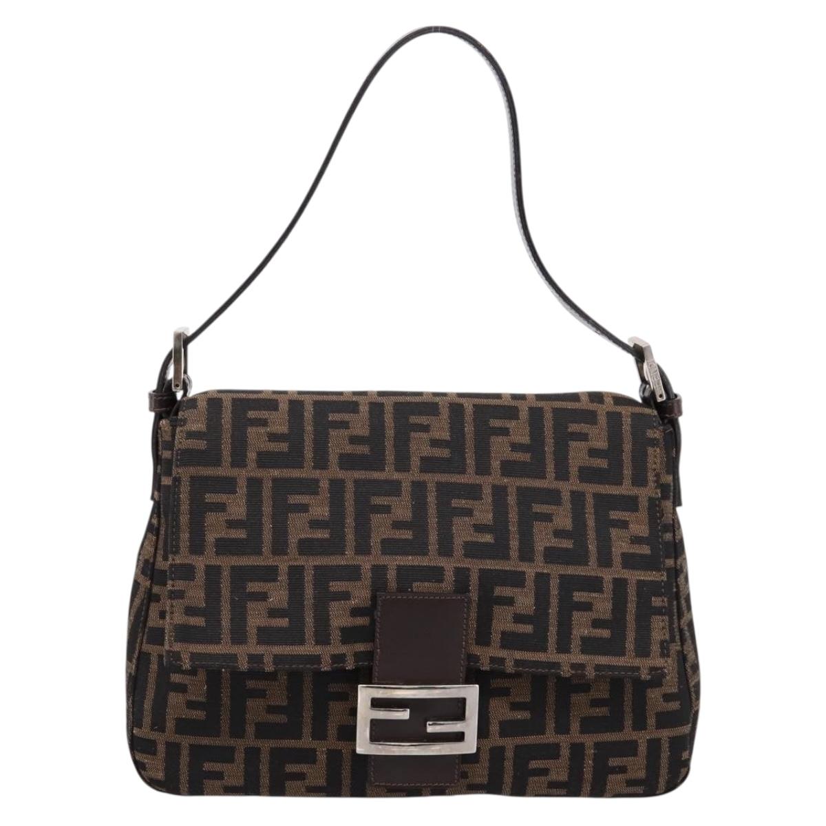 FENDI Zucca Canvas Mamma Baguette Shoulder Bag Brown Silver Auth mr2954V