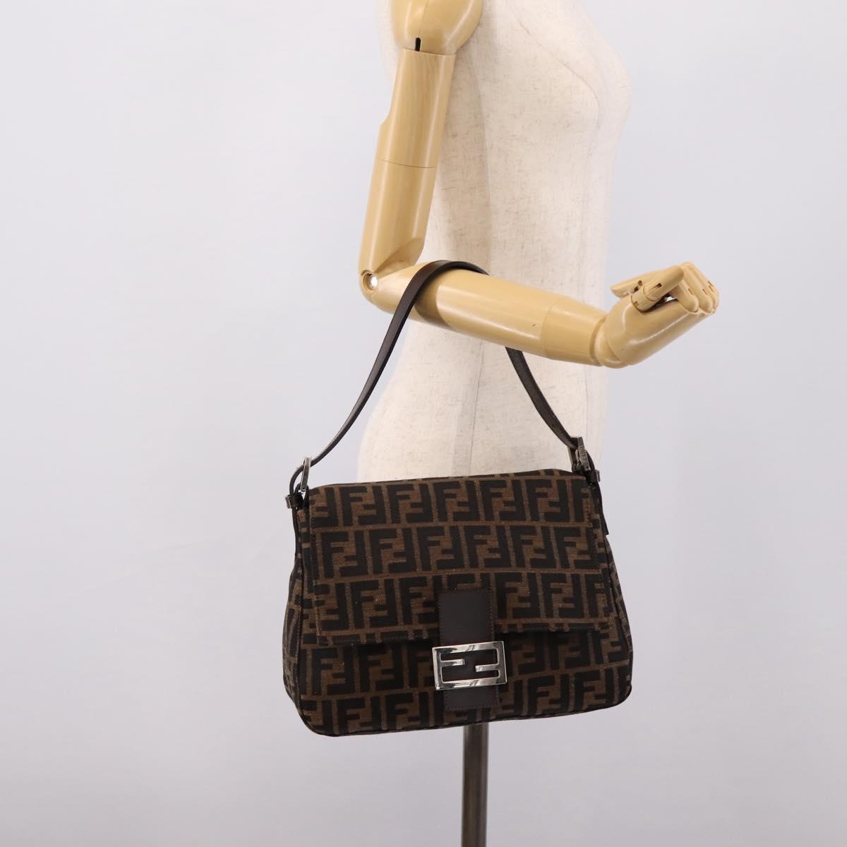 FENDI Zucca Canvas Mamma Baguette Shoulder Bag Brown Silver Auth mr2954V