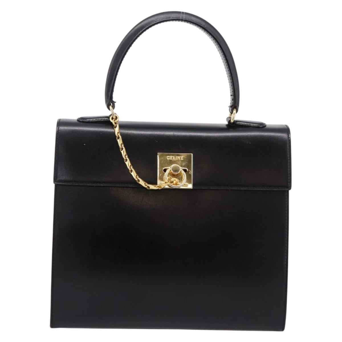 CELINE Hand Bag Leather Black Gold Tone Auth mr2961A