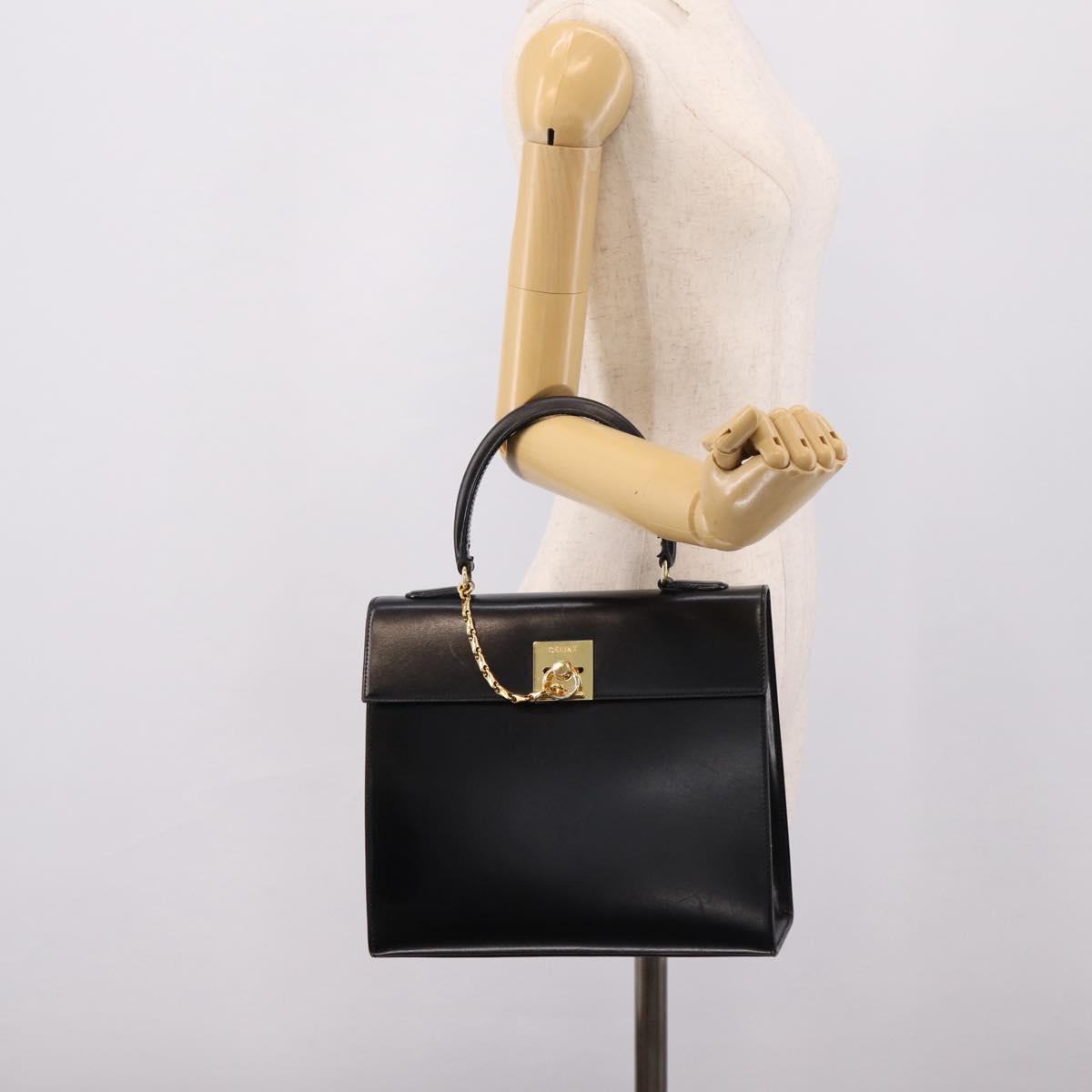 CELINE Hand Bag Leather Black Gold Tone Auth mr2961A
